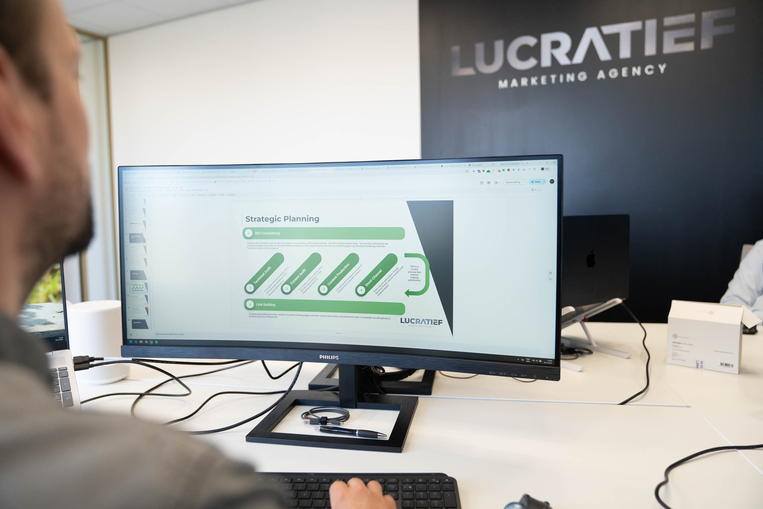 Team van LUCRATIEF bekijkt een digitale marketinganalyse op het scherm
