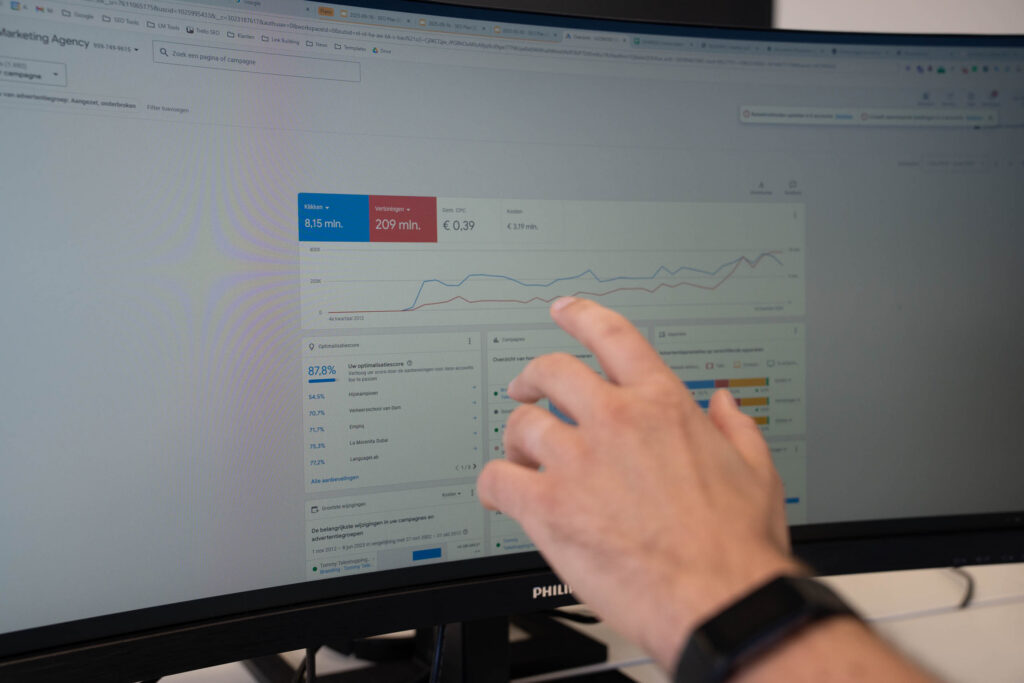 Team van LUCRATIEF bekijkt een digitale marketinganalyse op het scherm